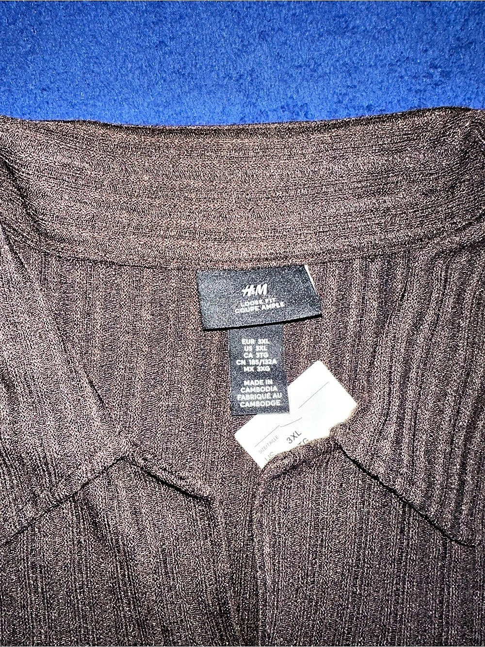 Mens H&M Loose Fit Textured Weave Short Sleeve Button Up Shirt 3X Brown NWT - Picture 4 of 9